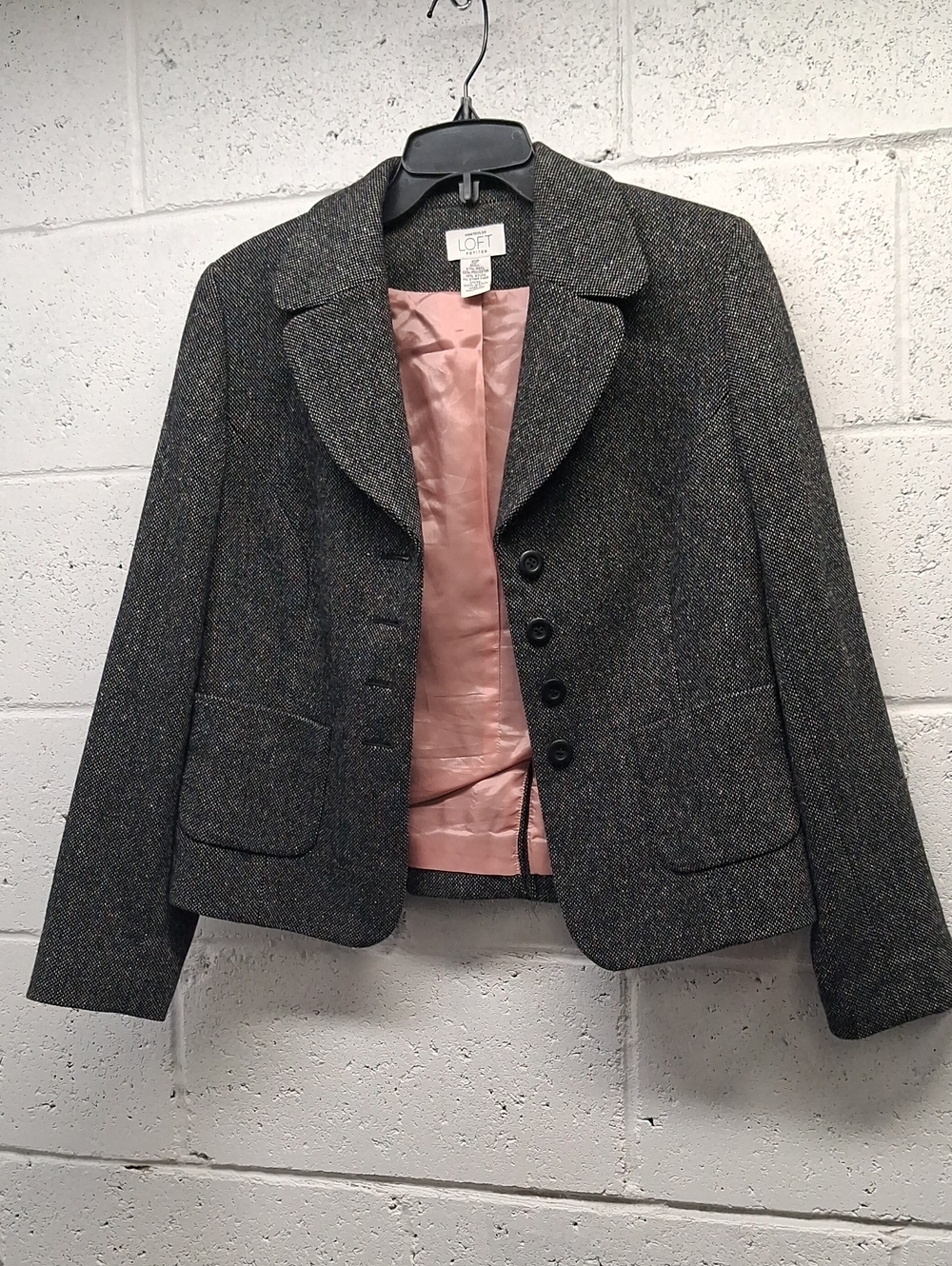 LOFT Women's Charcoal Tweed Blazer with Pink Lining